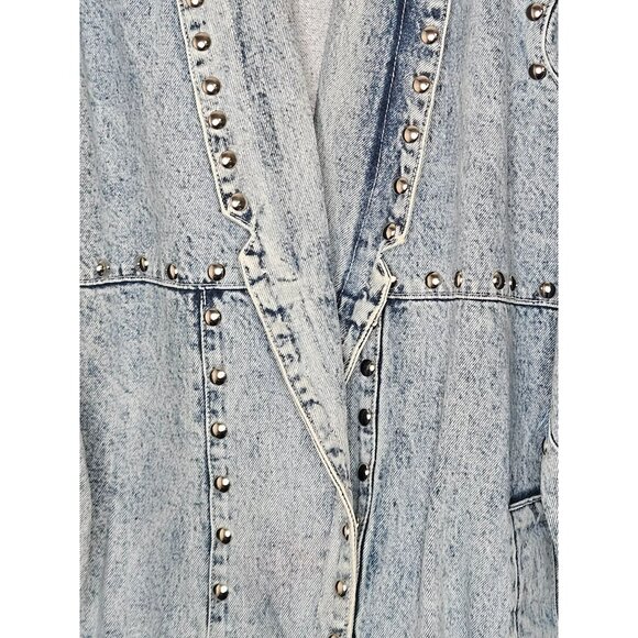 Studded Denim Oversized Jacket 80s VTG Eunina Acid Wash Lrg Biker Rocker Western - Picture 3 of 6